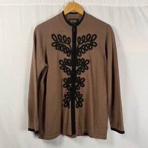 Bob Mackie Wearable Art Tan Zip Front Cardigan Black Soutache Embroidery Women M